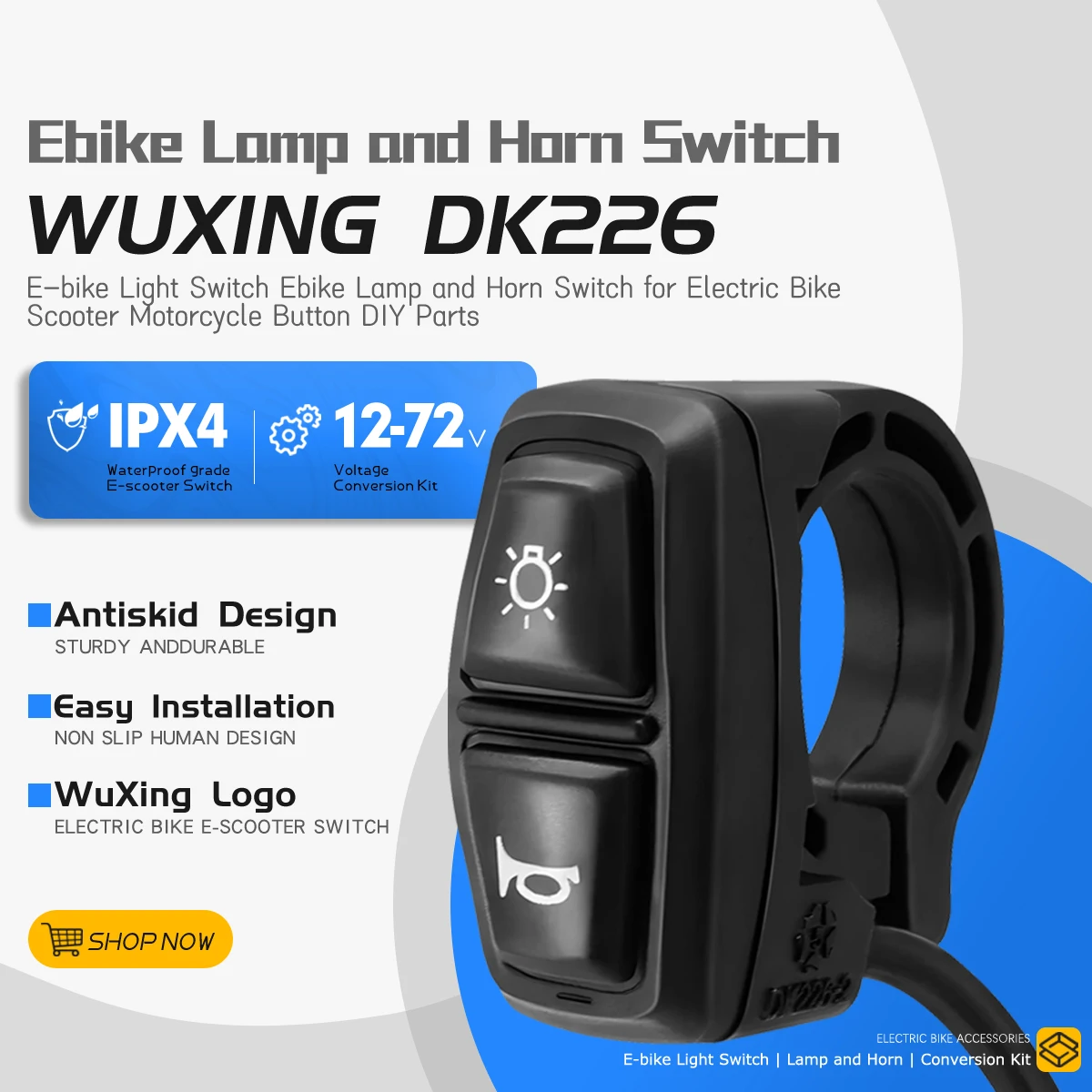 

Electric Bike Scooter Light Switch WUXING DK226 12V-72V Ebike Lamp and Horn Switch for E-Bike Scooter Motorcycle Accessories