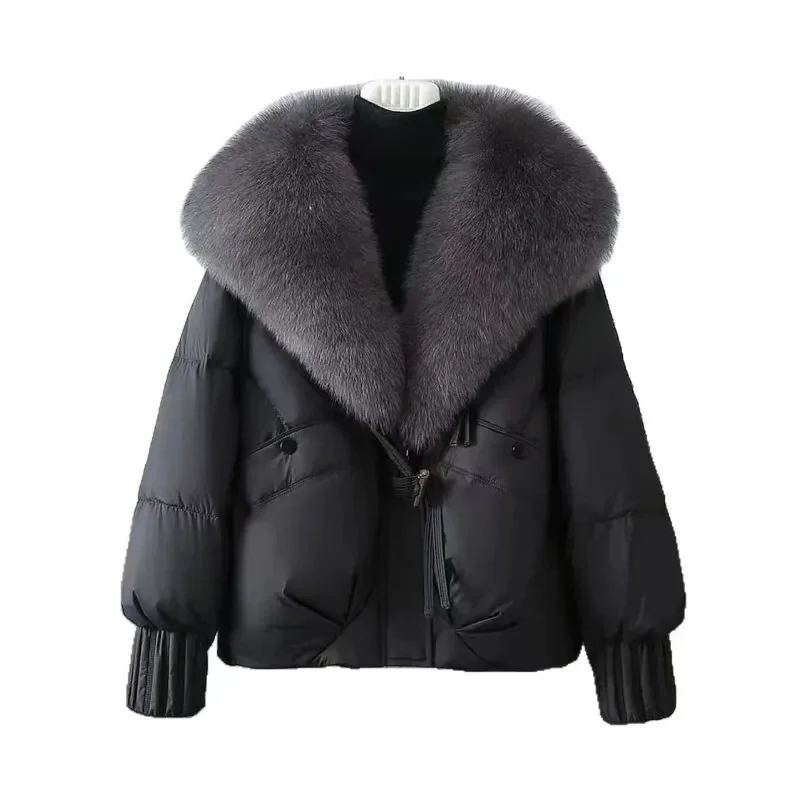 Elegant Luxury Big Fur Collar Short Puffer Parka Petite Women Thick Warm Ribbed Cuffs Side Pockets Winter Casual Outfit 2026