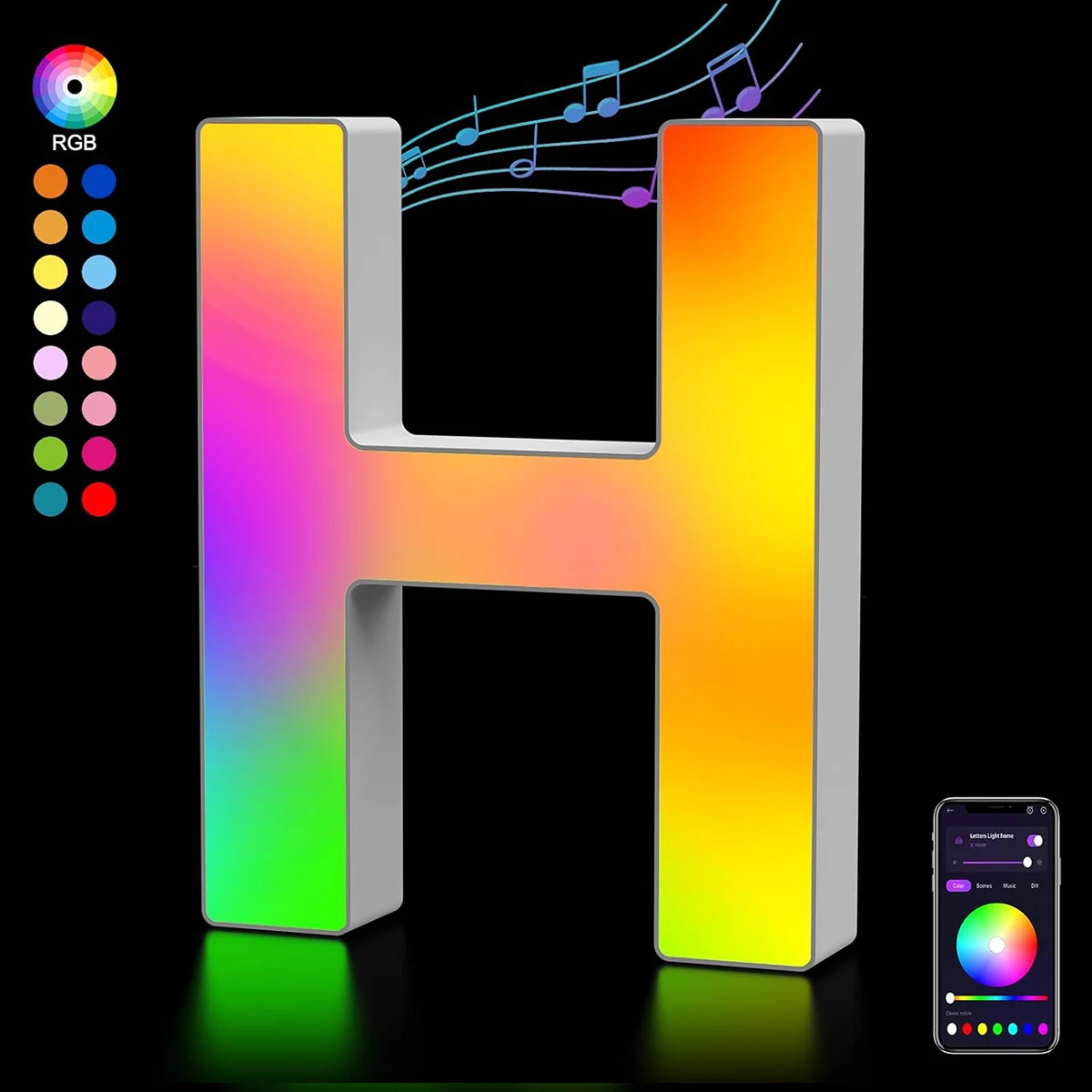 

Letters Night Light Smart APP with 128+ Scenes DIY Music Sync Gift Stick Wall for Home Living Room Bedroom Decor Lights Letter H