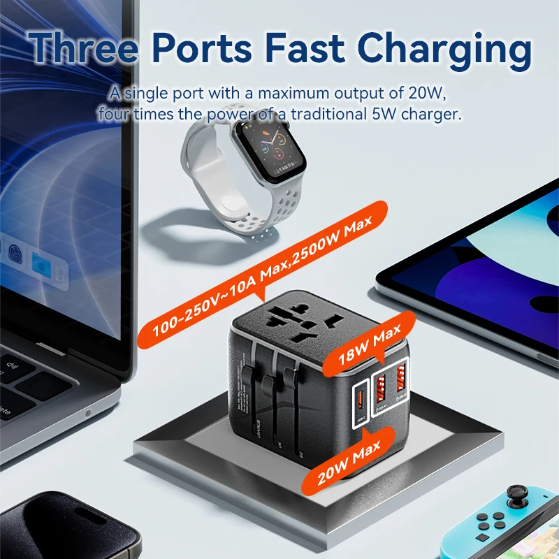 Универсальный дорожный адаптер GaN Vention 20 Вт с USB и типом C, международный адаптер для быстрой зарядки, вилка стандарта ЕС/Великобритании/США/Австралии для путешествий