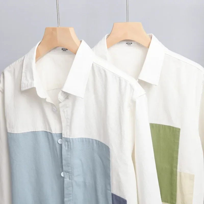 남성용 신선한 셔츠 스트리트 스타일 긴팔 셔츠, 캐주얼 순면 패치워크, 슬림핏 디자이너 셔츠, 청소년 패션 상의, 신상