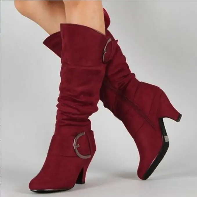 Fashion New Knee High Boots Women Autumn Faux Suede Buckle Boots Fashion Spike Heels Woman Shoes Winter Boots Large size