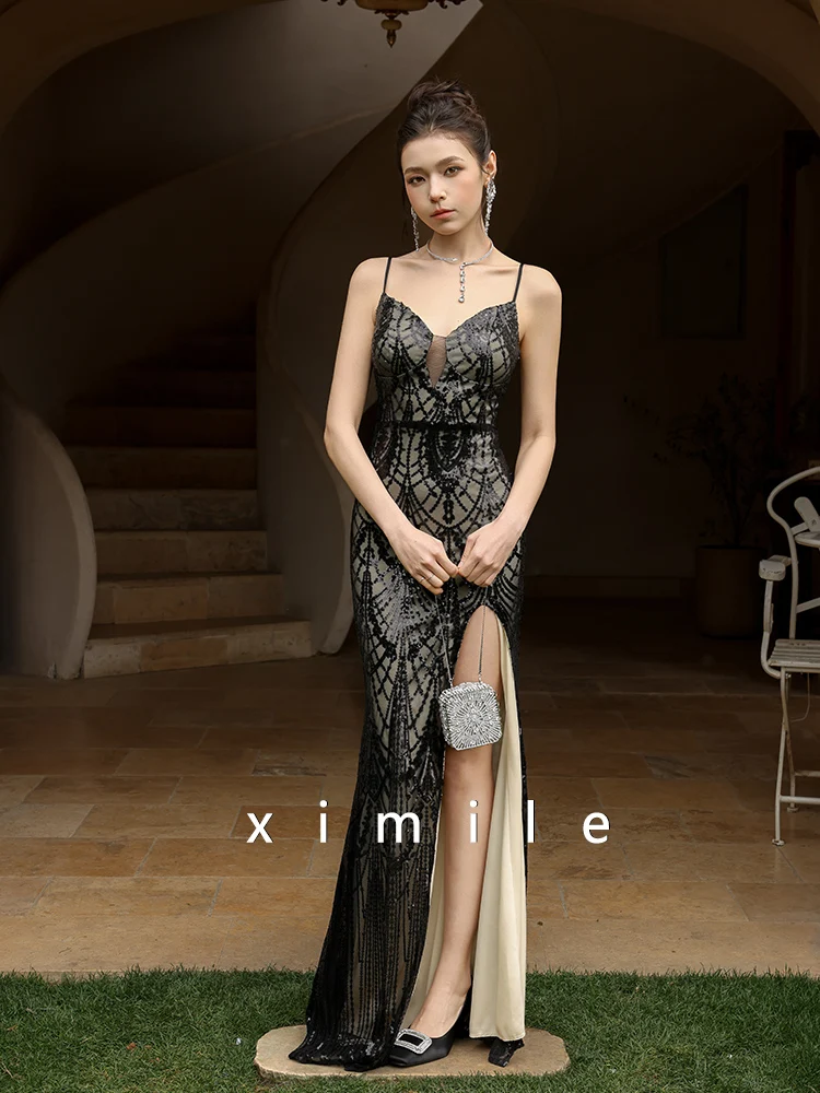 

Ele Bla Evening Gown Women's Strapl Fi Tail Dr for Host Toasting Dinner Adult Ceremony Retro Sle Long Skirt