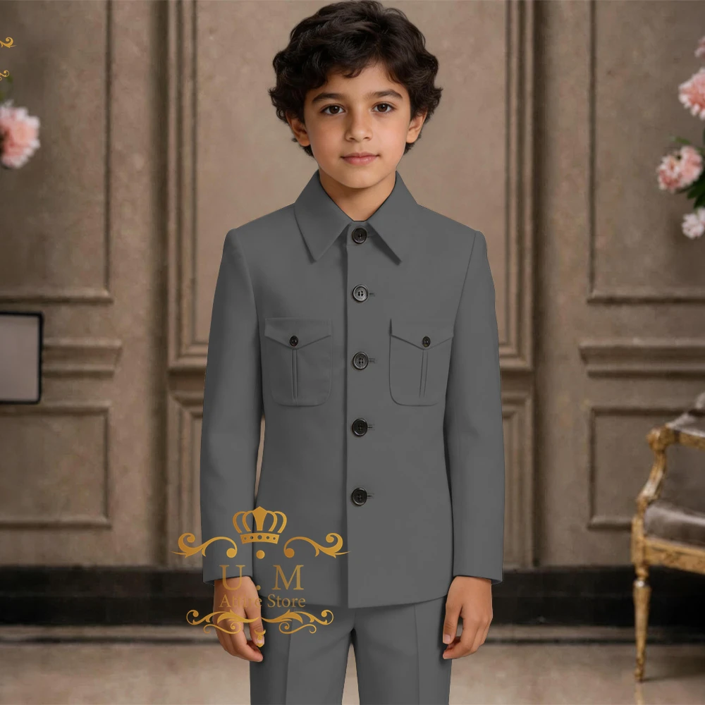 Safari Gray Suit for Boys 2pcs Jacket Trousers Custom Africa Indo Style Outfit for Wedding Children's Prom Party