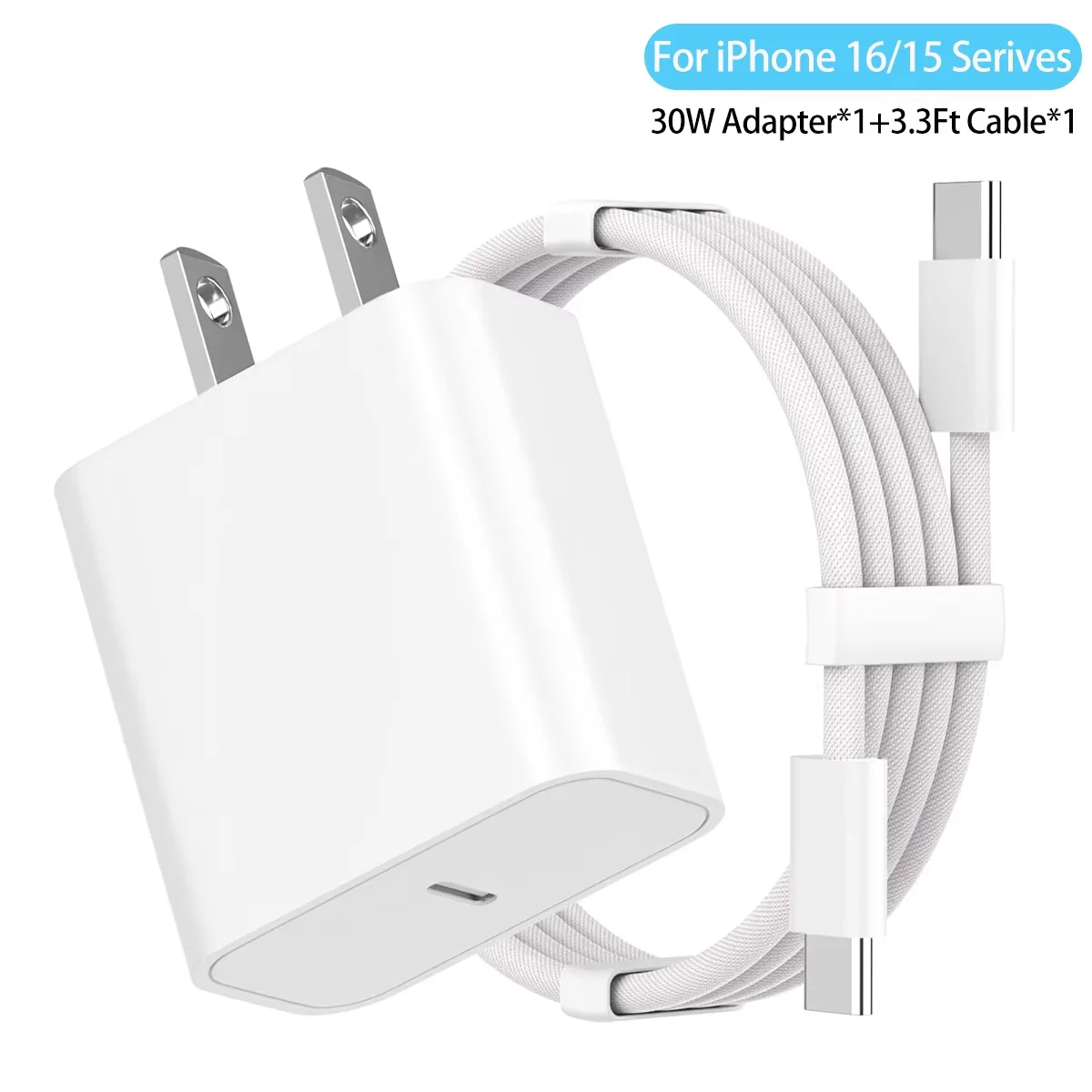 30 واط شحن سريع محول عدة USB C الجدار شاحن 3.3Ft/1 متر نوع C كابل بيانات مضفر آيفون 16 15 برو ماكس سامسونج شاومي آي باد