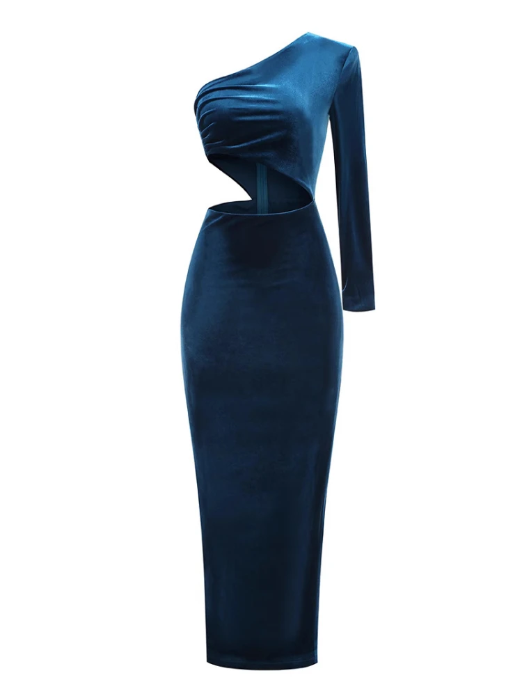 エレガントなワンショルダー長袖ベルベットマキシドレスセクシーなブルーウエストカットアウトシャーリングスプリットボディコンドレスイブニングクラブパーティードレス