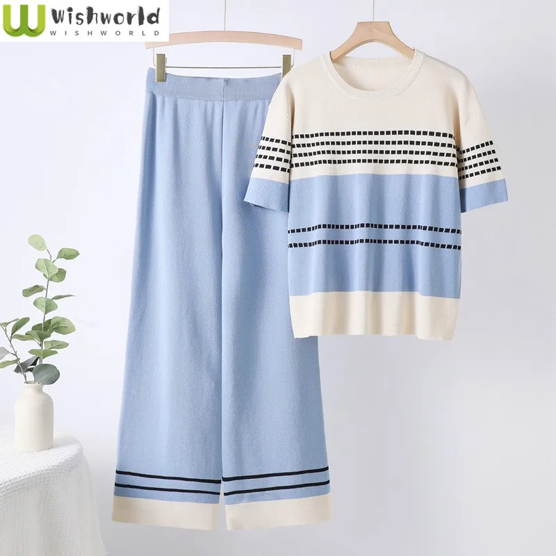 

Fashion Knitted Set Women's Summer New Style Color Contrasting Top High Waist Slim and Wide Leg Pants Two Piece Set