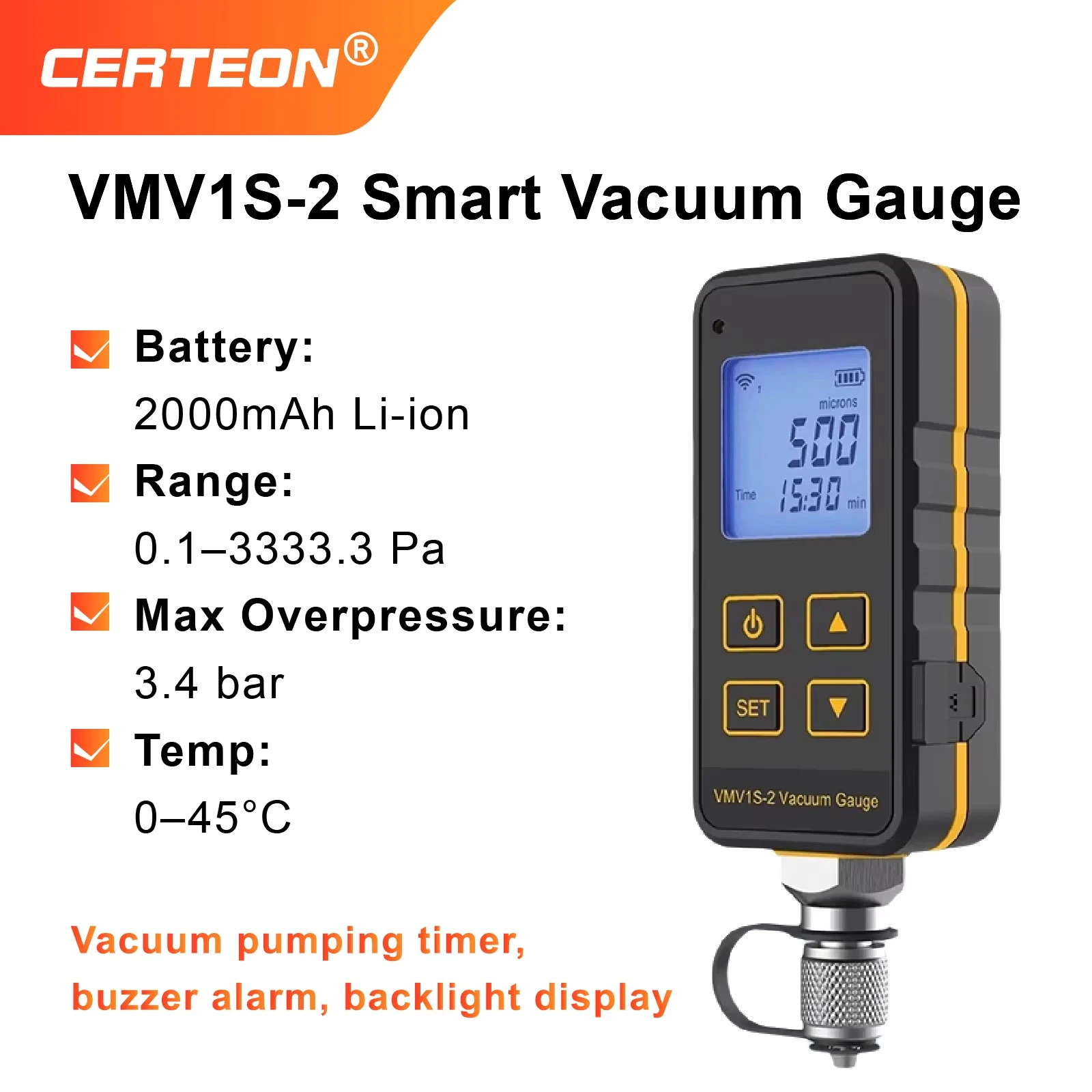 VMV1S-2 Bluetooth Vacuum Gauge Digital Micron Tester HVAC Refrigeration Leak Detection Tool Smart Wireless Vacuum Meter