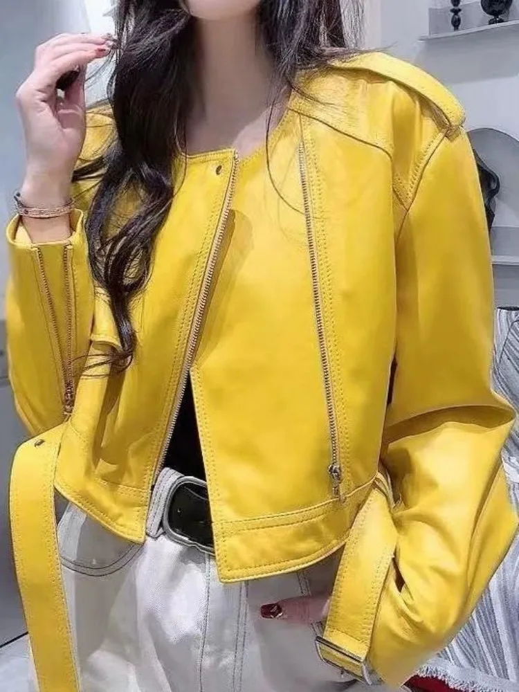 Kantoor dames effen kleur ronde hals lederen jas losse lange mouwen schapenvacht rits sjerpen topkwaliteit bovenkleding