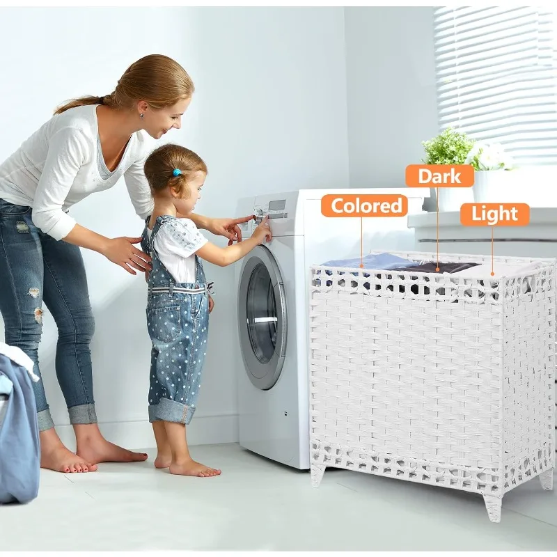 Laundry Hamper with 3 Removable Liner Bags; 132L Handwoven Rattan Laundry Basket with Lid & Heightened Feet; Clothes