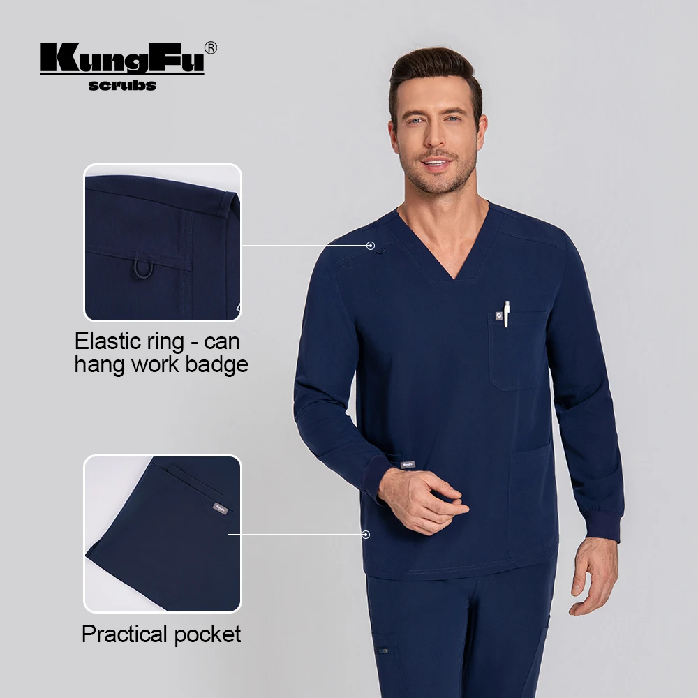 KUNGFU SCRUBS الرجال الدعك التمريضية بأكمام طويلة أعلى الطبية غير الرسمية مع ثوب جراحي مضاد للماء للرجال