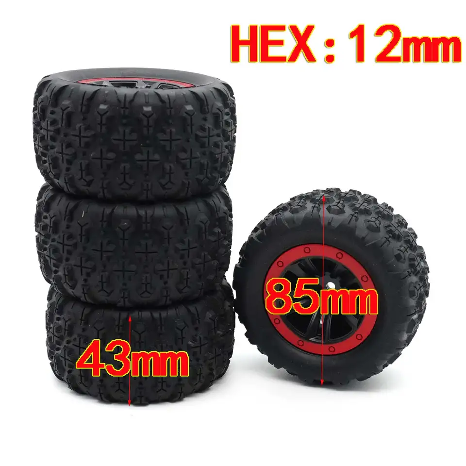 4 Pneus En Caoutchouc 83 Mm Pour Voiture RC – Compatible SCY 16101, MJX 16207, HBX 1/16, Jante Plastique, Hex 12 Mm, Ouverture 4,5 Mm