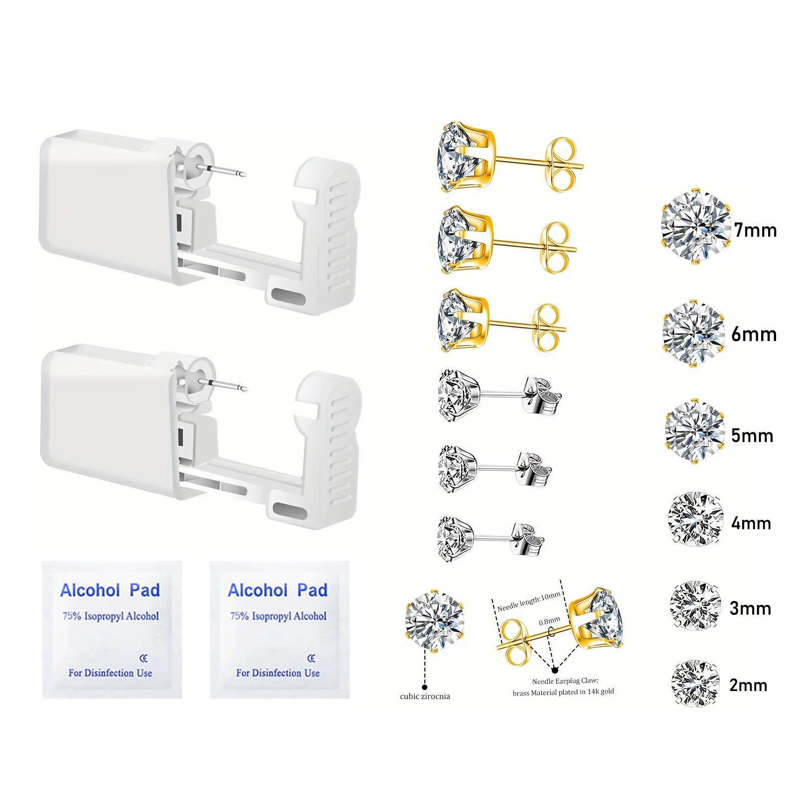 1/2 Pack Safety Self Ear Piercing Gun Kit Tool With 1/6 Pairs 2-7mm Stainless Steel Cubic Zirconia Stud Earrings For Men Women