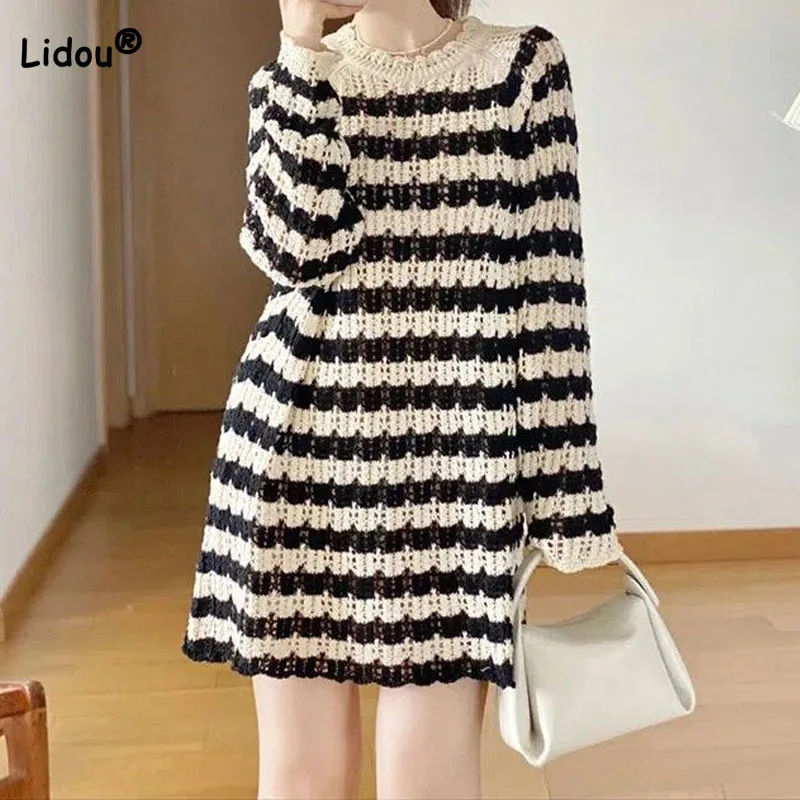 Trend Striped Hollow Out Loose Knitted Dresses Autumn Winter Women\'s Clothing Fashionable Korean Round Neck Long Sleeve Dress