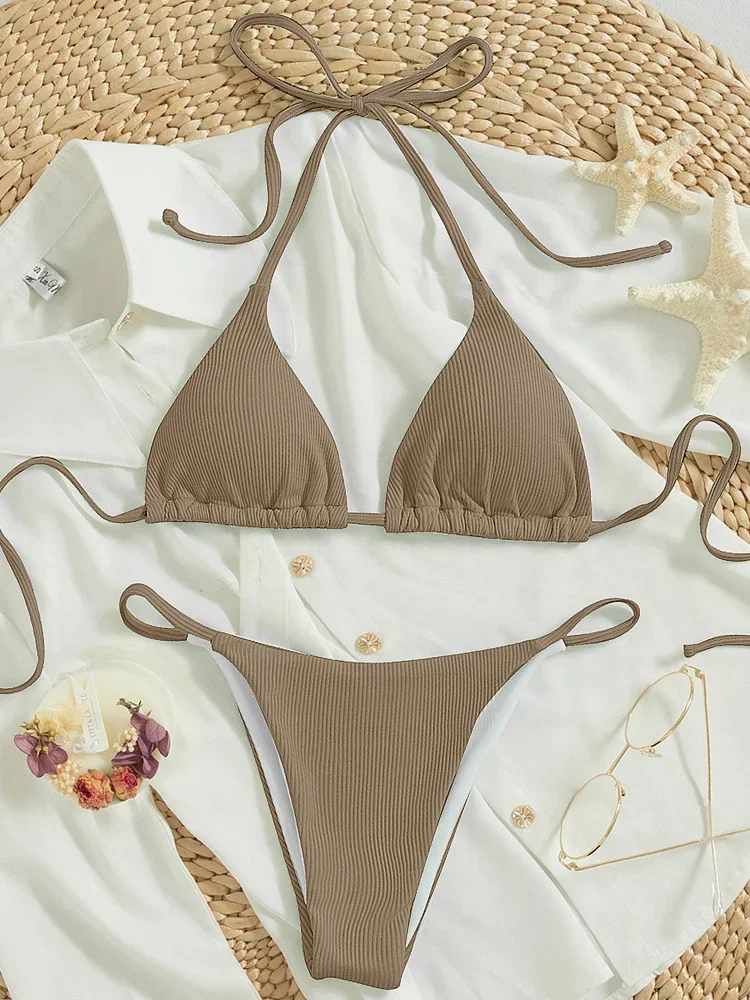 

Сексуальное бикини на шнуровке с разрезом, комплект из 2 предметов, женский однотонный пляжный купальник с высокой талией и открытой спиной, отпускное бикини 2024, новый летний комплект бикини