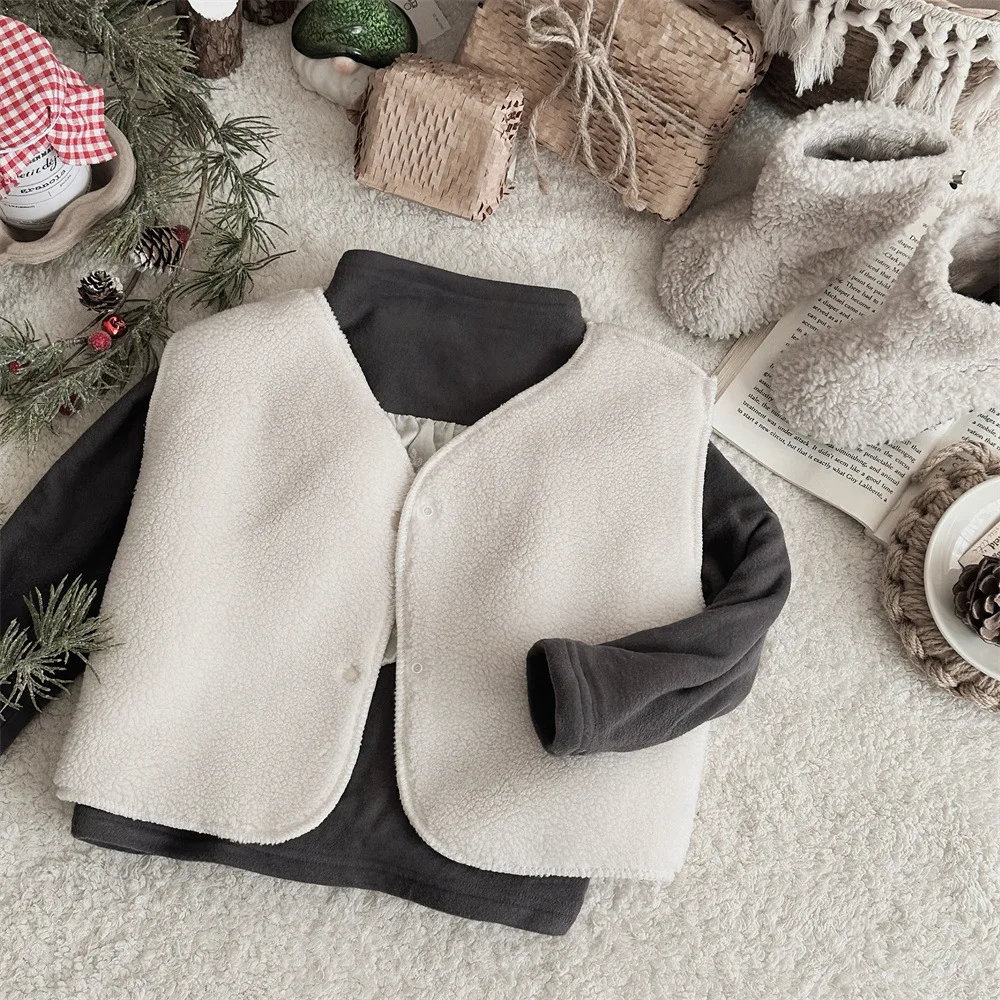 2024 Winter New Baby Sleeveless Vest Jacket Plus Velvet Infant Girl Solid Simple Casual Coat Toddler Boys Thick Warm Cardigan