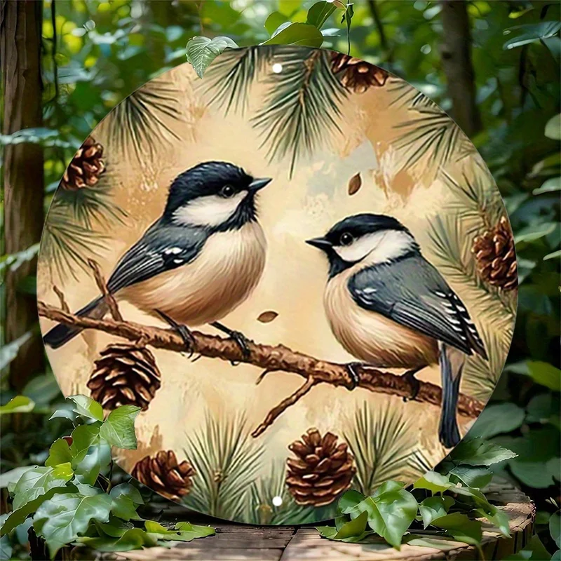 1 Stück rustikale Vögel und Tannenzapfen, runde Aluminium-Wandkunst – naturinspiriertes Metallschild mit Chickadees und Tannenzapfen-Design für Zuhause
