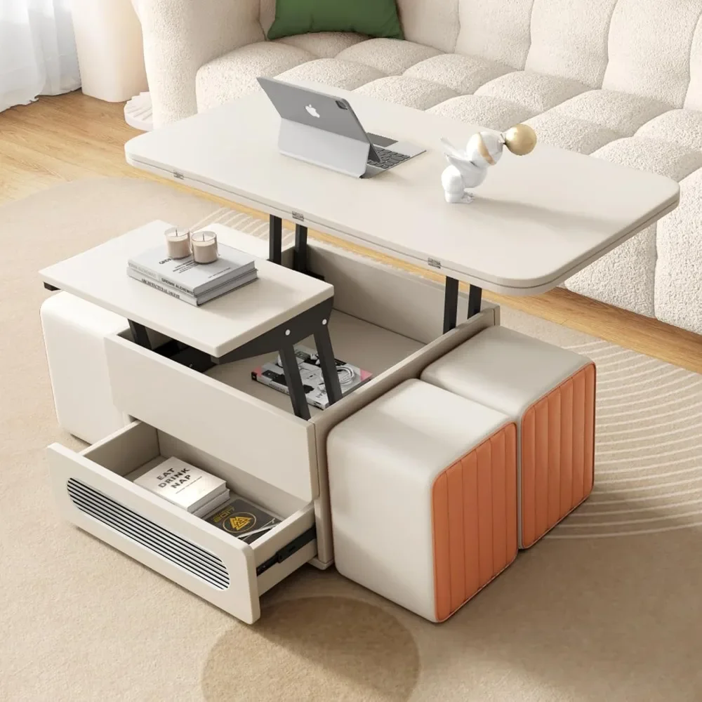 Coffee Table, 3 in 1 Multifunctional Folding Center Tables with 4 Leather Stool & Hidden Compartments, Lift Top Coffee Table