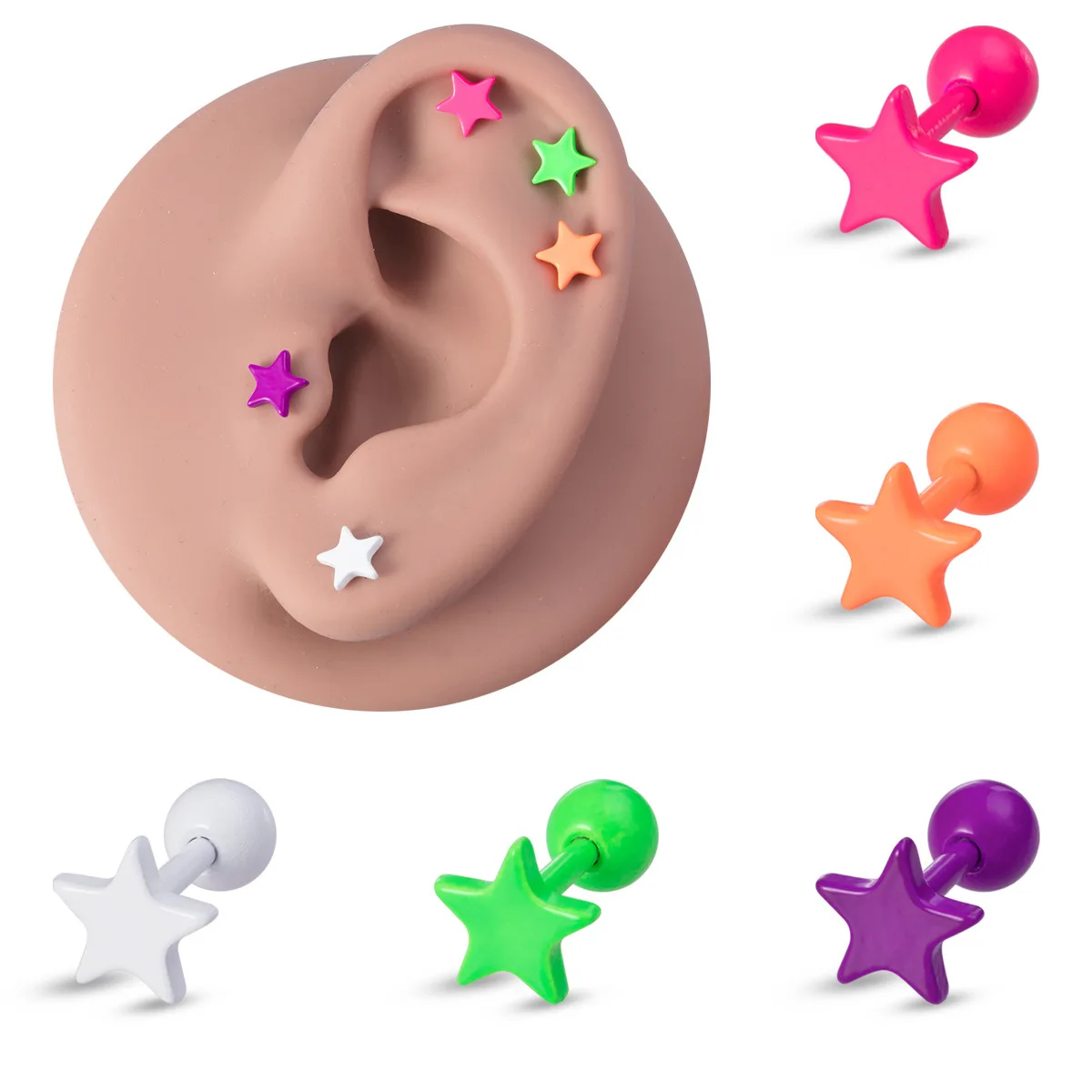 1/5pcs 16G Star Barbell Piercing Earring Ear Cartilage Helix Stainless Steel Stud Tragus Cartilage Earrings with Screw Backs