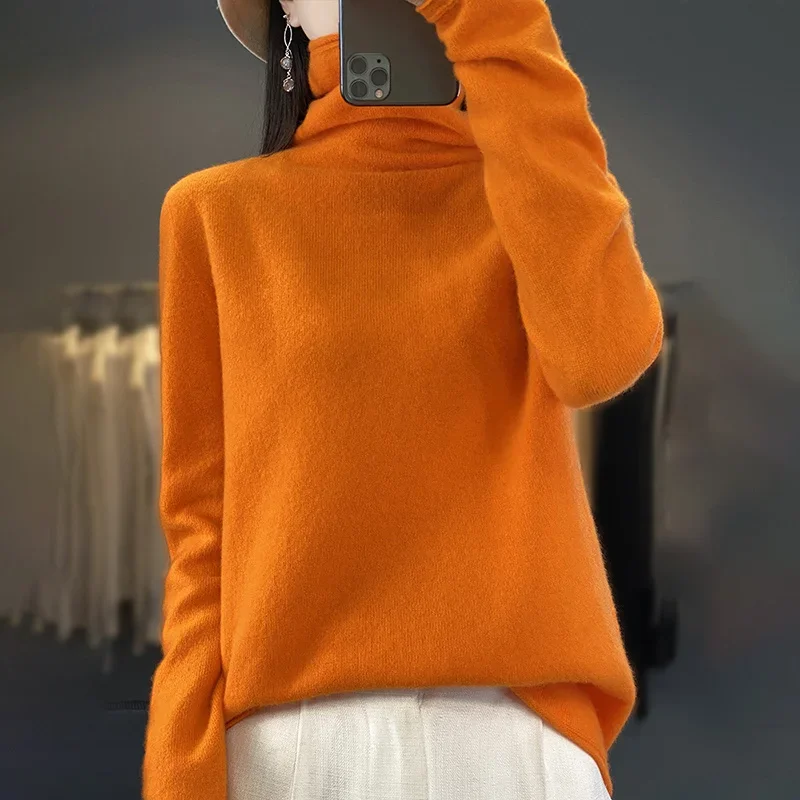 Outono inverno feminino camisola enrolado pilha gola quente pulôver manga longa malhas de caxemira novos topos de fundo