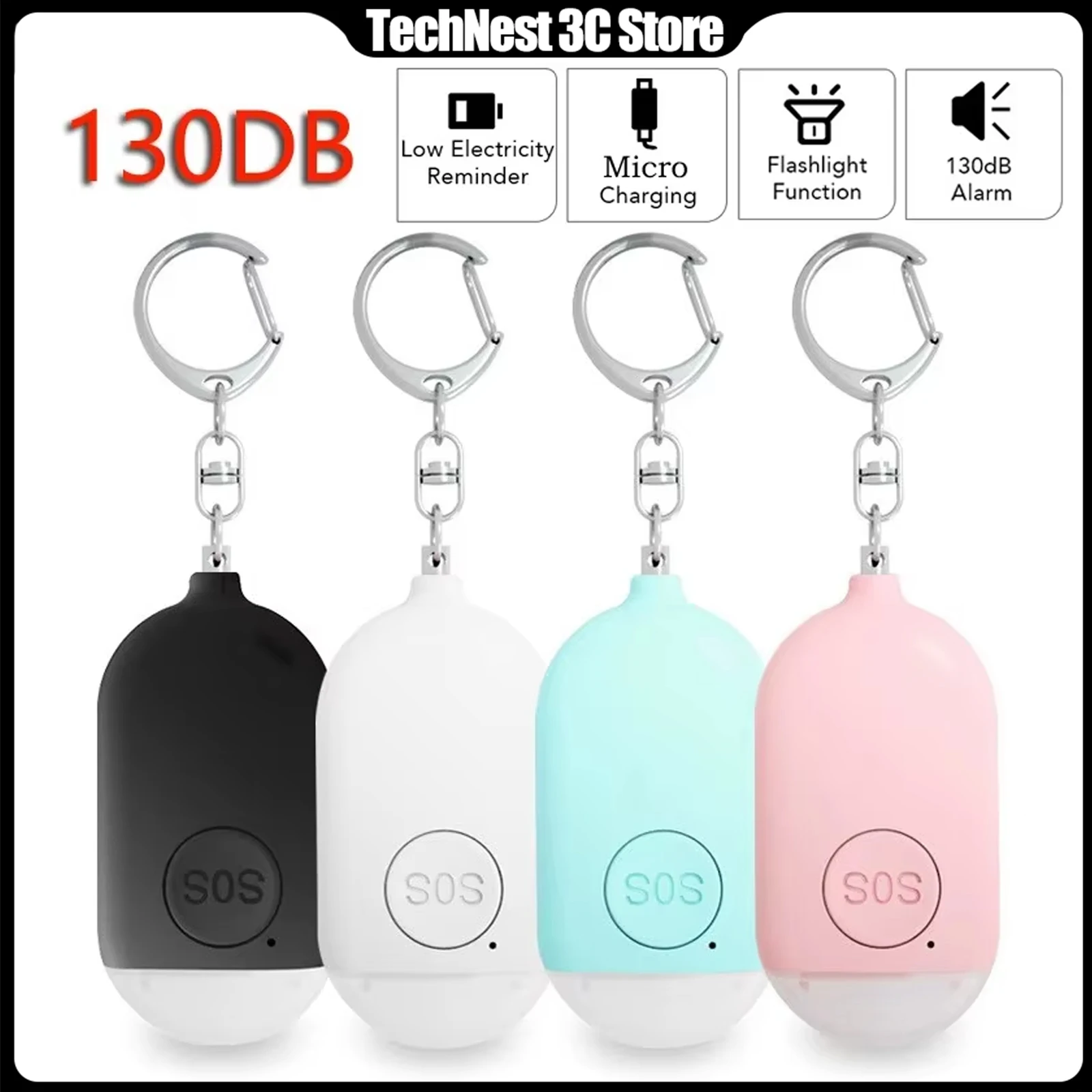 

Персональная сигнализация SOS для самообороны 130 дБ с LED-фонариком, перезаряжаемая, для женской безопасности, брелок, аварийная защита от нападений