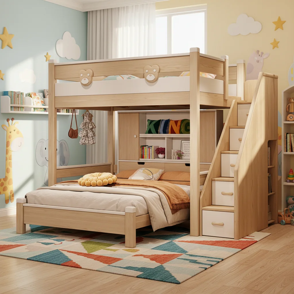 Solid Wood Bunk Bed with Slide & Storage, Aesthetic Space-Saving Sleeping Solution for Children's Bedroom Furniture