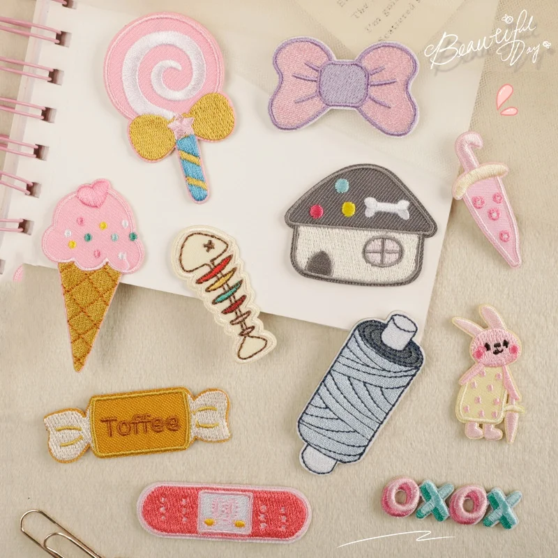 

10 шт. самоклеящиеся сумки для детской одежды с героями мультфильмов, милые железные нашивки для рыб, мороженого, кролика, конфет, нашивки для одежды «сделай сам», аппликации