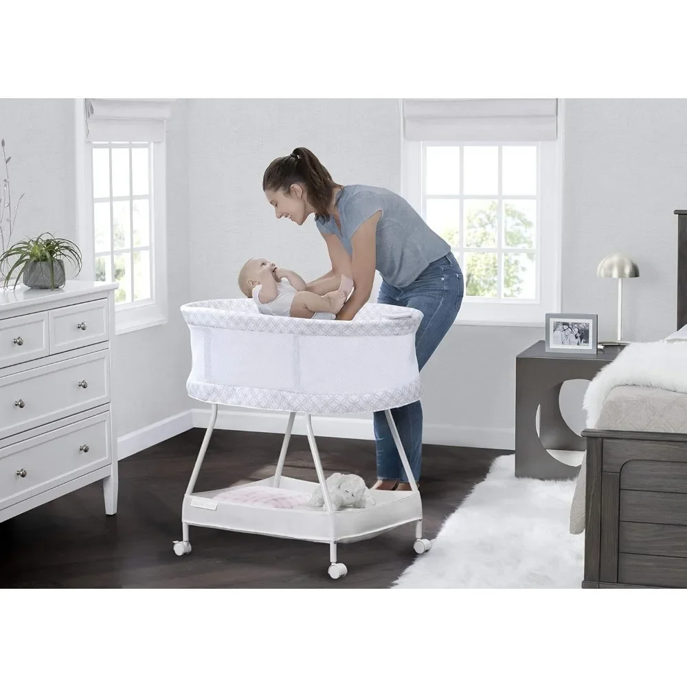 Bassinet mimpi manis dengan aliran udara jaring boks bayi portabel samping tempat tidur dengan lampu getaran dan musik, abu-abu tak terbatas