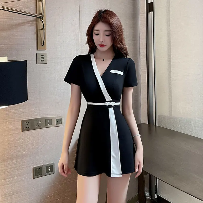 Foot Bath Working Clothes for Femail Spa Technician Workwear Beautician Massage Sauna Uniform Black Dress Set Contains Shorts