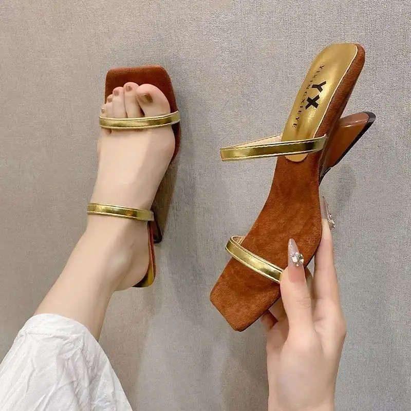 

Summer Women Med Heel Designer Open Toe Mule Slippers Fashion Elegant Narrow Slides Shoes Ladies Outdoor Dress Sandalias