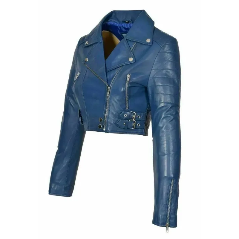 NEW HOT Women Genuine Lambskin Real Leather Jacket Blue Slim Fit Biker Crop Coat