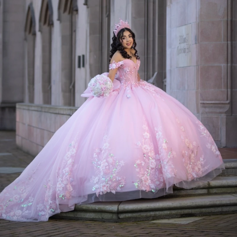 

Pink Shiny Ball Gown Quinceanera Dresses Sequin Applique Lace Beading Crystal Bow Tull Corset Off Shoulder Sweet 16 Dress Vestid