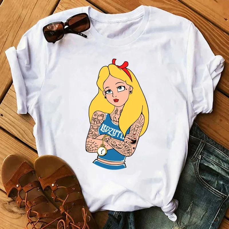 Kawaii Disney Punk Princess Pattern Women's Cotton Soft T-shirt Women's Black Top T-shirt Women's Fashion Street Wear Tops