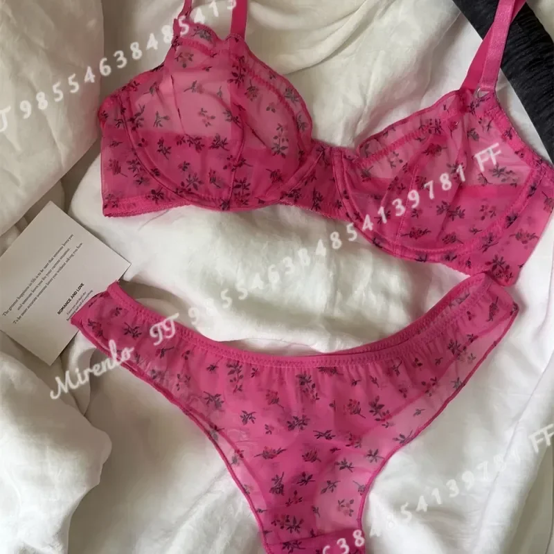 French Style Ultra Thin Lingerie Set Sexy Lace Floral Print Bra Mesh Breathable Women Underwear Intimates Bras and Thong Sets