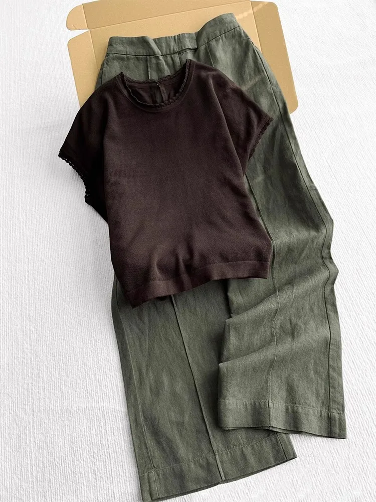 

Уникальный красивый вязаный льняной комплект с широкими брюками для женщин, лето 2025, новый комплект из двух предметов кофейного цвета, модный ансамбль