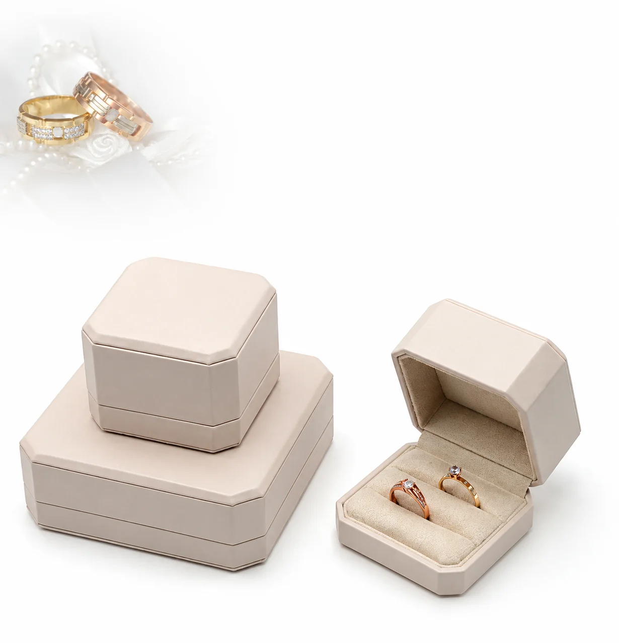 PU Leather Ring Box Octagonal Ivory Luxury Jewelry Packing Box for Single Double Rings, Earrings, Pendants, Bracelets Necklaces