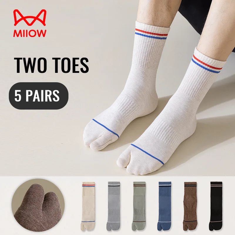 MiiOW Japanese Tabi Socks Split Toe Sock Men 100% Pure Cotton Long Sock Five Finger Two Toe Sock Ninja Geta Anti Odor Sock Sport