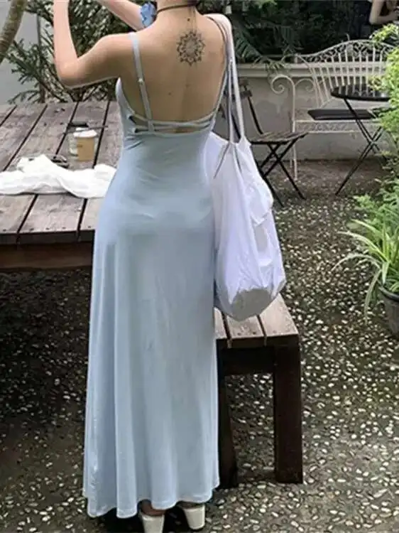 สาวสูงเผ็ดเอวระงับชุดผู้หญิง 2024 ฤดูร้อนใหม่Slimเอวปิดไหล่Backlessกว่าเข่าชุดยาวL53F