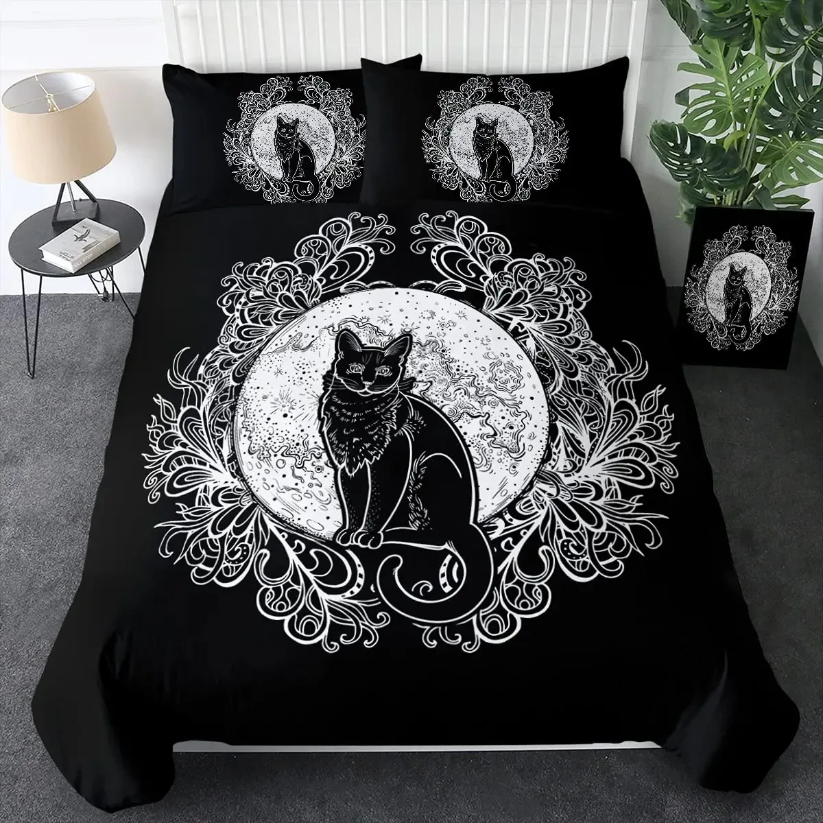 Witch Black Cat Duvet Cover Set Full,Cat Sitting On Moon Bedding Set Vintage Gothic Animals Cat Comforter Cover 2/3pcs Bed Sets