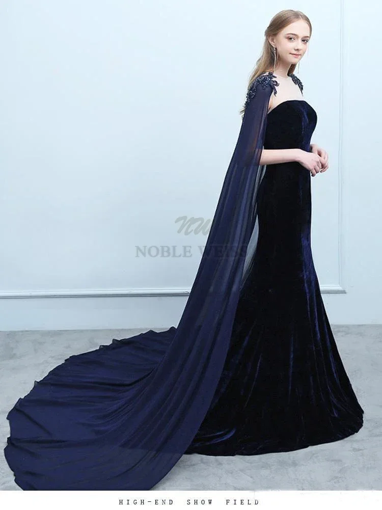 Long Wedding Cape Bridal Cloak Shawl Coat Chiffon Party Wrap Crystal Applqiued Shoulder Drag Train Customized image 3