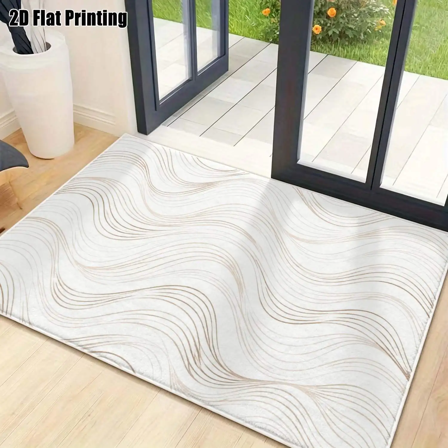 1Pc 2D Printed Velvet Carpet with Light Gold Lines & Abstract Patterns, Nordic/Instagram Style, Modern Minimalist Geometric Striped European Rug, Multi-Size Machine Washable Home Decor for Entrance, Dining, Foyer, Bedroom, Living Room