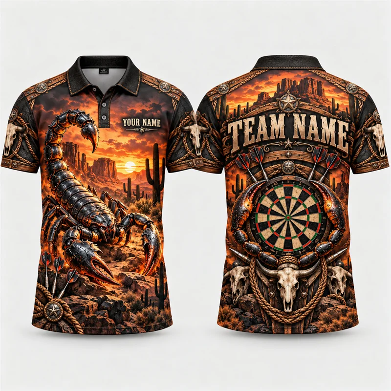 Custom Team Name Darts Polo Shirt for Men Personalized Viking Tiger Chess King Parrot Desert Skull Print Short Sleeve Jersey