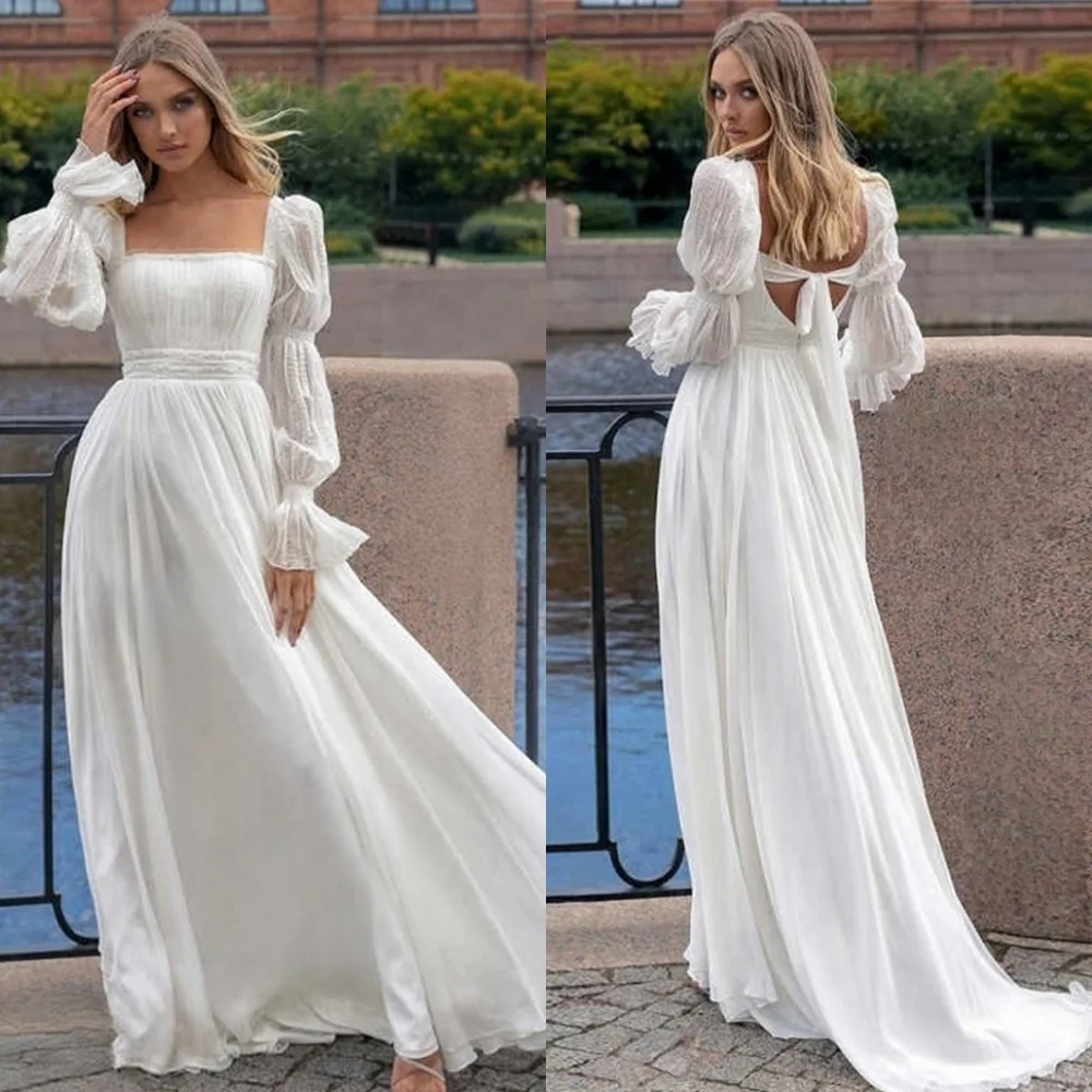 

Customized White Chiffon Wedding Dress High Quality Square Collar Long Sleeves Bridal Gowns Chapel Train Zipper Back Dress