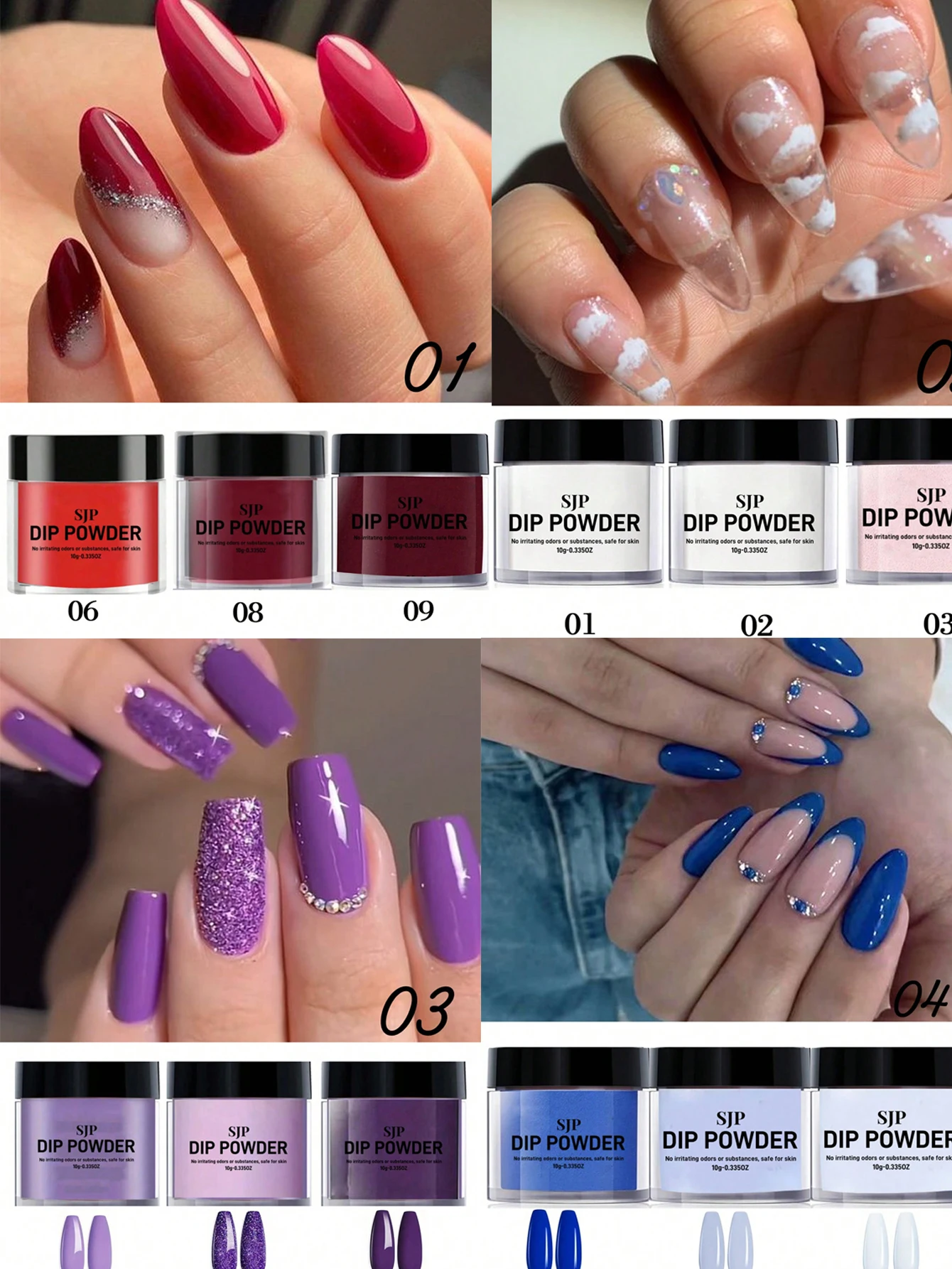 3 pièces kit de poudre acrylique Bourgogne Dip poudre ensemble d'ongles bleu sauge vert gris nuances, Al Seasons 6 couleurs trempage poudre Starter Kit