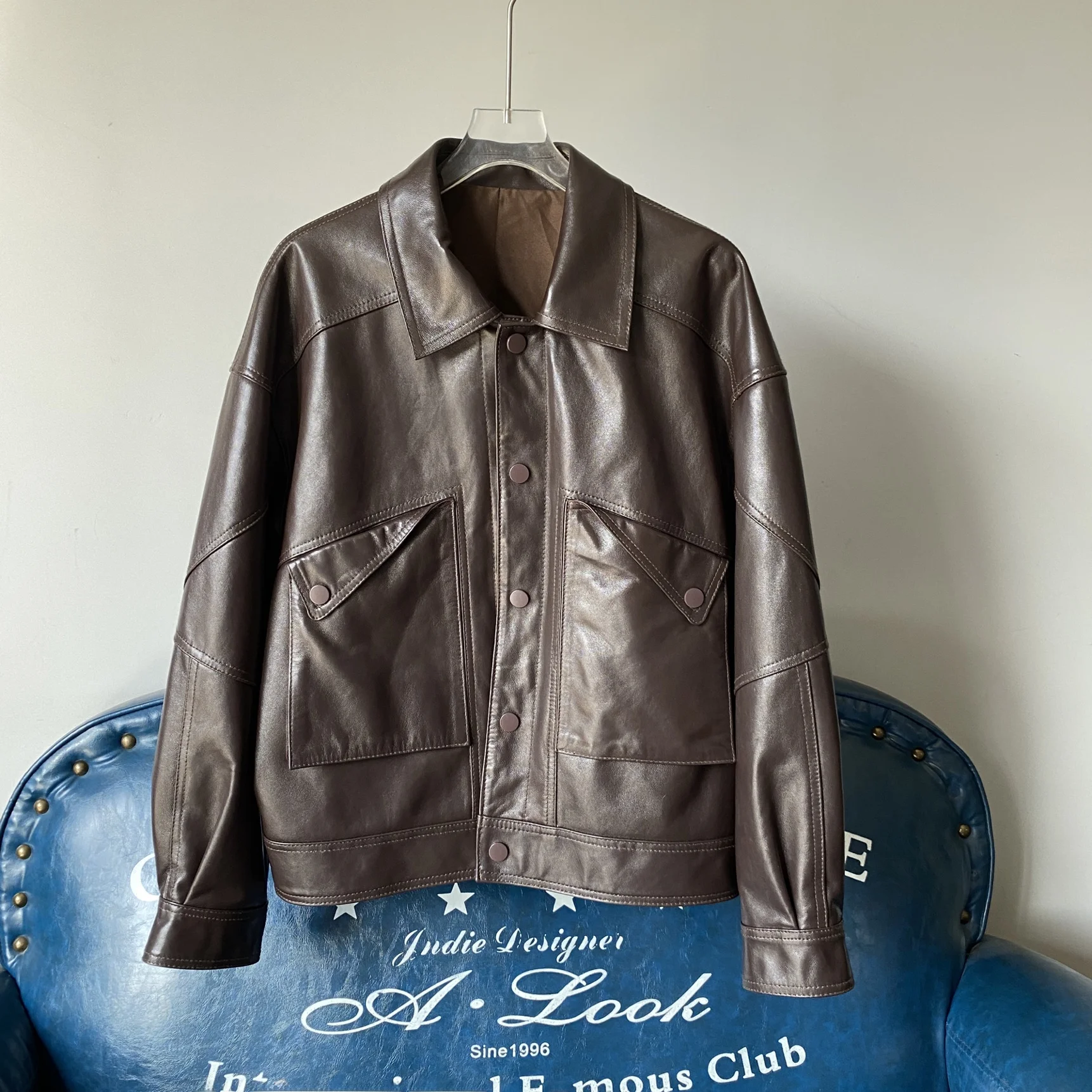 2025年春 レディース 本革 シープスキン レザー ジャケット ロング丈 ターンダウンカラー コート スリム クール オーツサイズ ファッショナブル