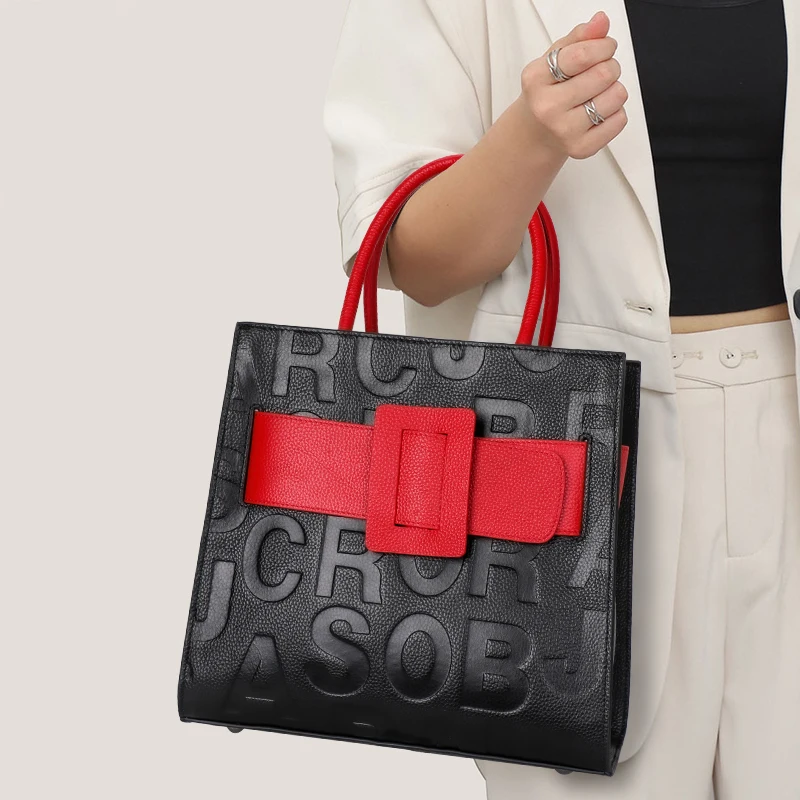 

Genuine Leather Cowhide Women's Tote Bag - Top-Handle, Single-Shoulder, Crossbody, Large Capacity with Letter Buckle