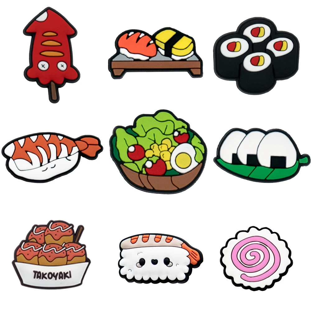 1/9pcs Japanese Food Shoe Charms Grilled Squid Sushi Takoyaki Snack Salad Shoe Decoration Accessories Suitable for All Clogs