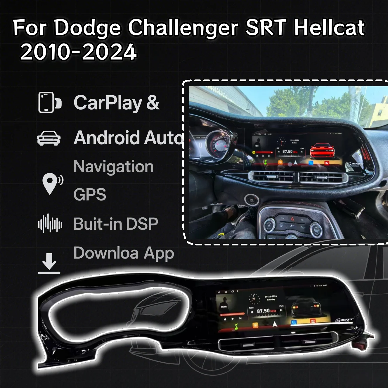 12.3inch Carplay Android Car Radio LCD Touch Screen Multimedia Player GPS Navi 4G For Dodge Challenger SRT Hellcat 2010-2023