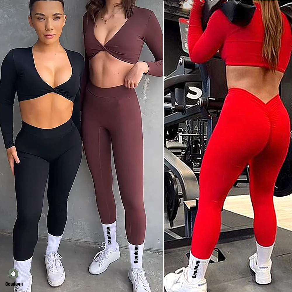 1/2Pcs Pad Long Sleeve Crop Tops Women Gym Yoga Set Sport Gym Scrunch V Back Fitness Leggings Workout Pant Active Suits