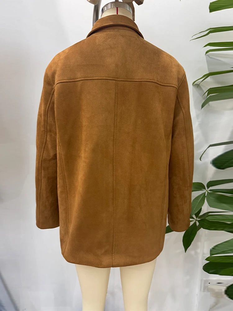 

Fashion Turn-down Collar Coat Women Solid Full Sleeve Single Breasted Patchwork Pocket Jacket 2025 Lady Autumn Chic Jackets
